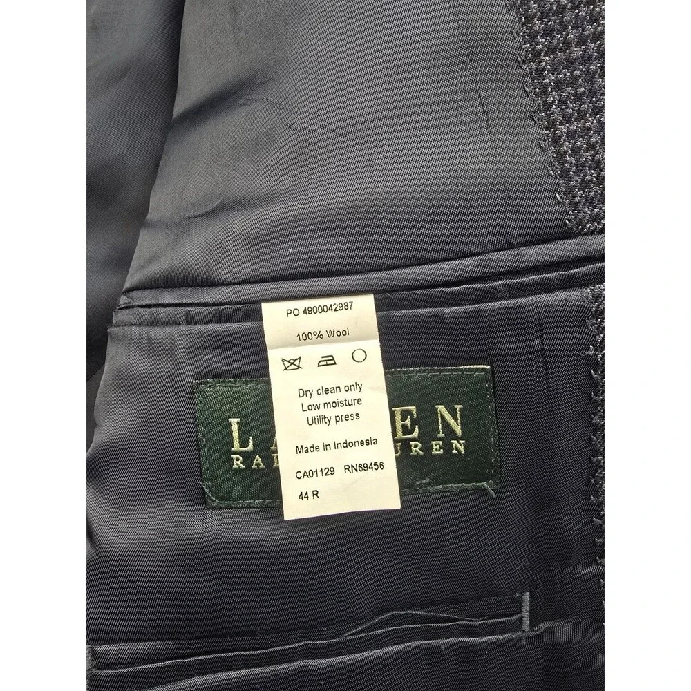 LRL Ralph Lauren Sport Coat Men 44R NavyBlue Houndstooth 100% Wool Jacket Blazer